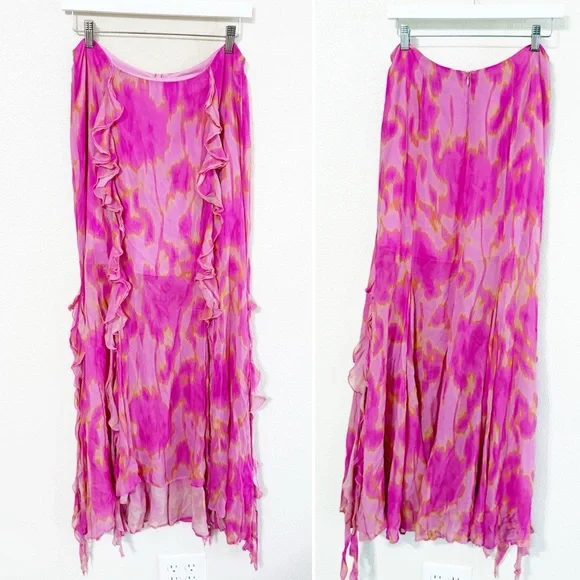 The Wolf Gang Rhapsody Maxi Skirt Candy Haze Frilly High Slit Hot Pink Floral - Picture 6 of 13